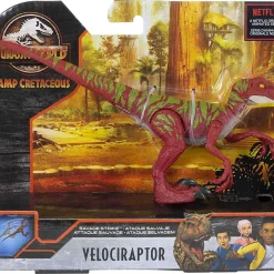 Discount 👏 Jurassic World Camp Cretaceous Velociraptor Action Figure [Red with Green Stripes] 🔥